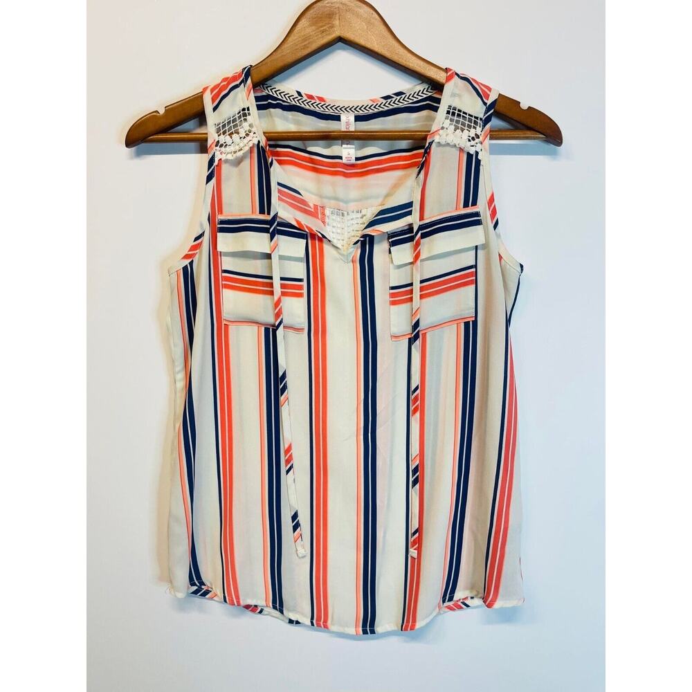 Xhilaration White Orange and Navy Striped Blouse Tank Sleeveless Crochet Size S